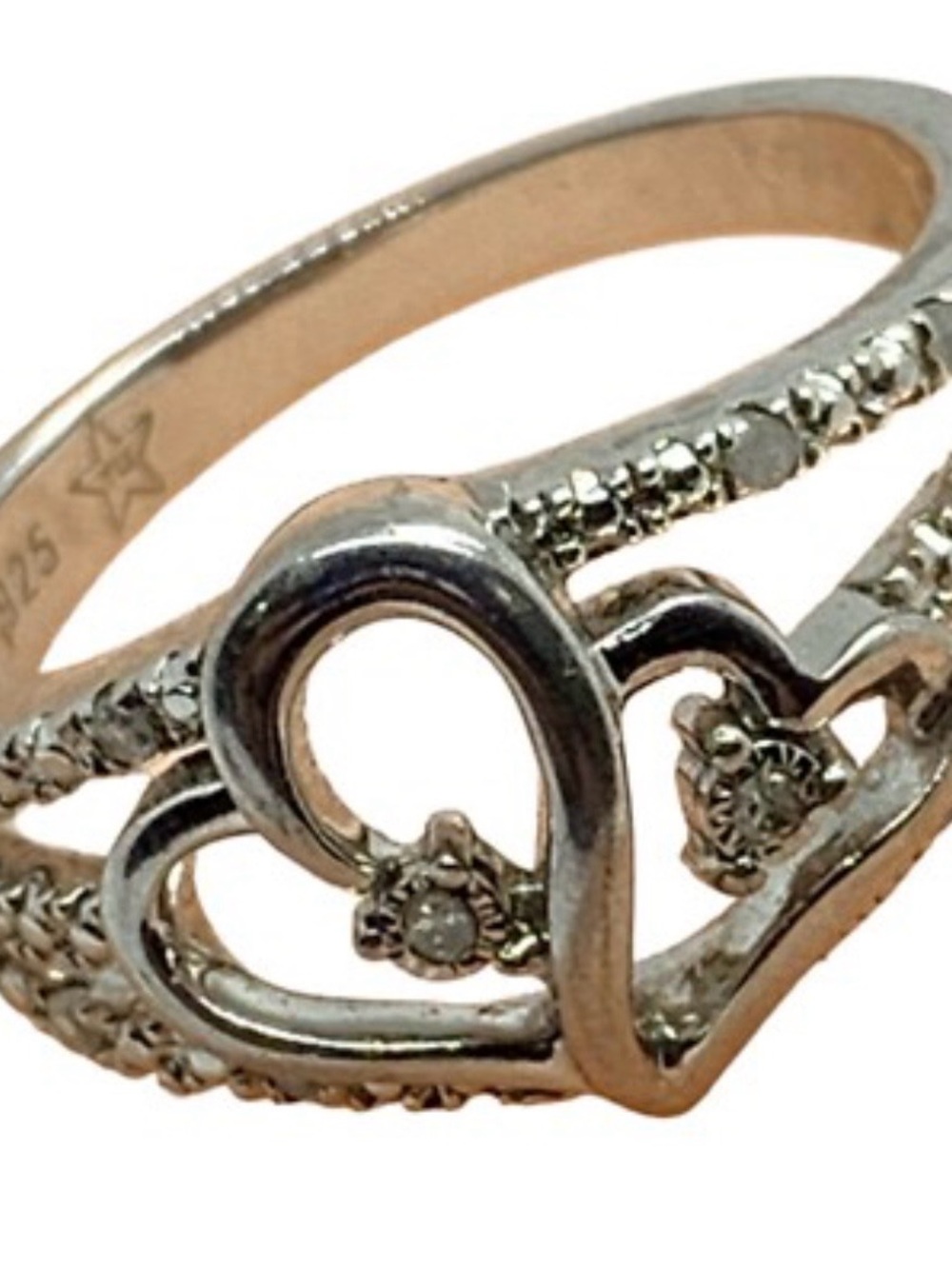 Zales 925  Sterling Silver Double Heart Ring with CZ Accents - Silver